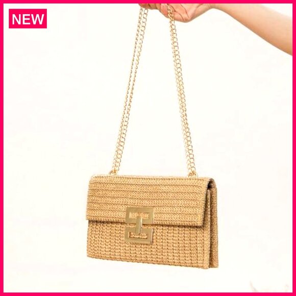 Straw Clutch Evening Bag with Adjustable Chain Strap for Summer Events